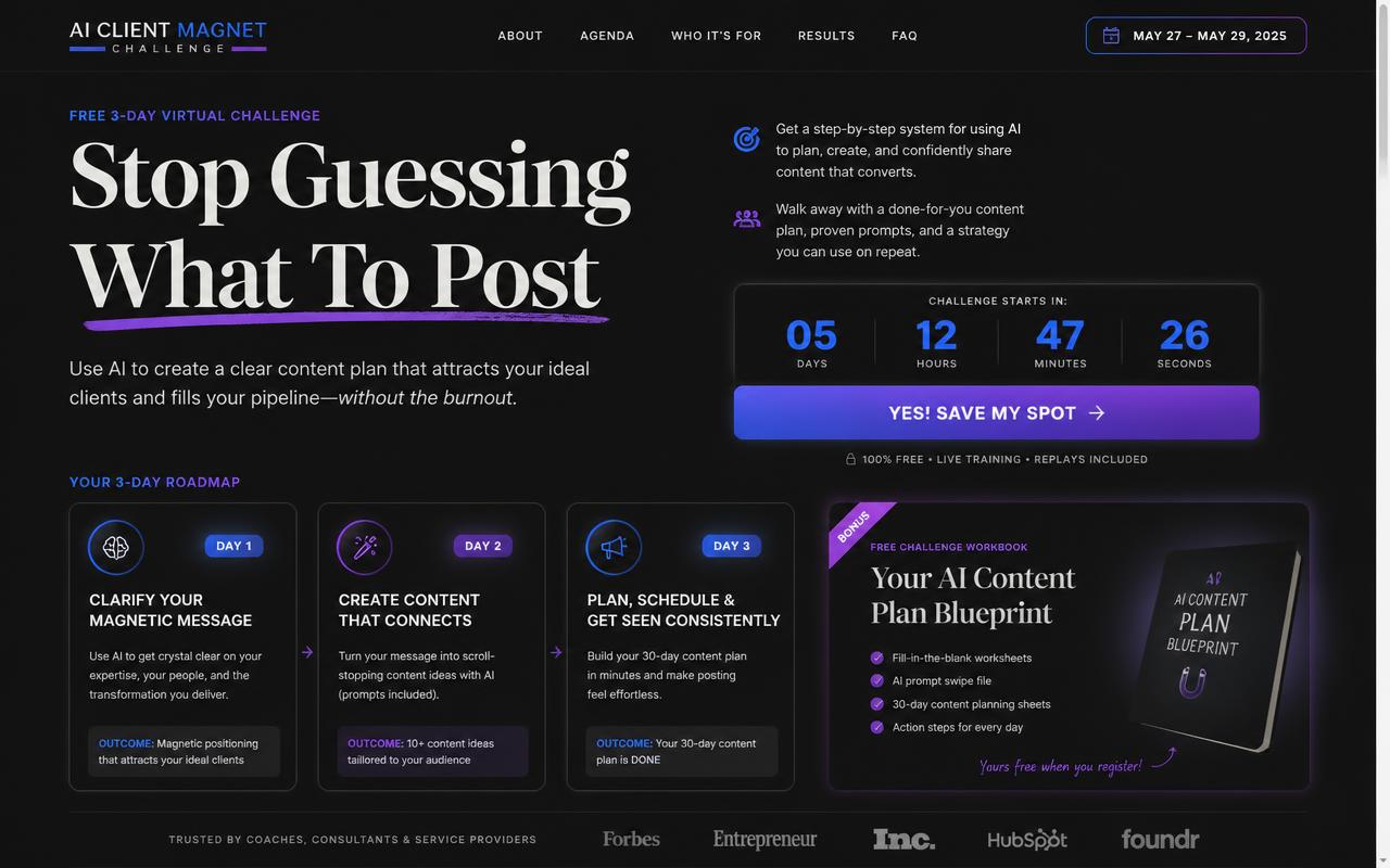 Interface mockup of AI Client Magnet Challenge™ shown in a desktop browser frame