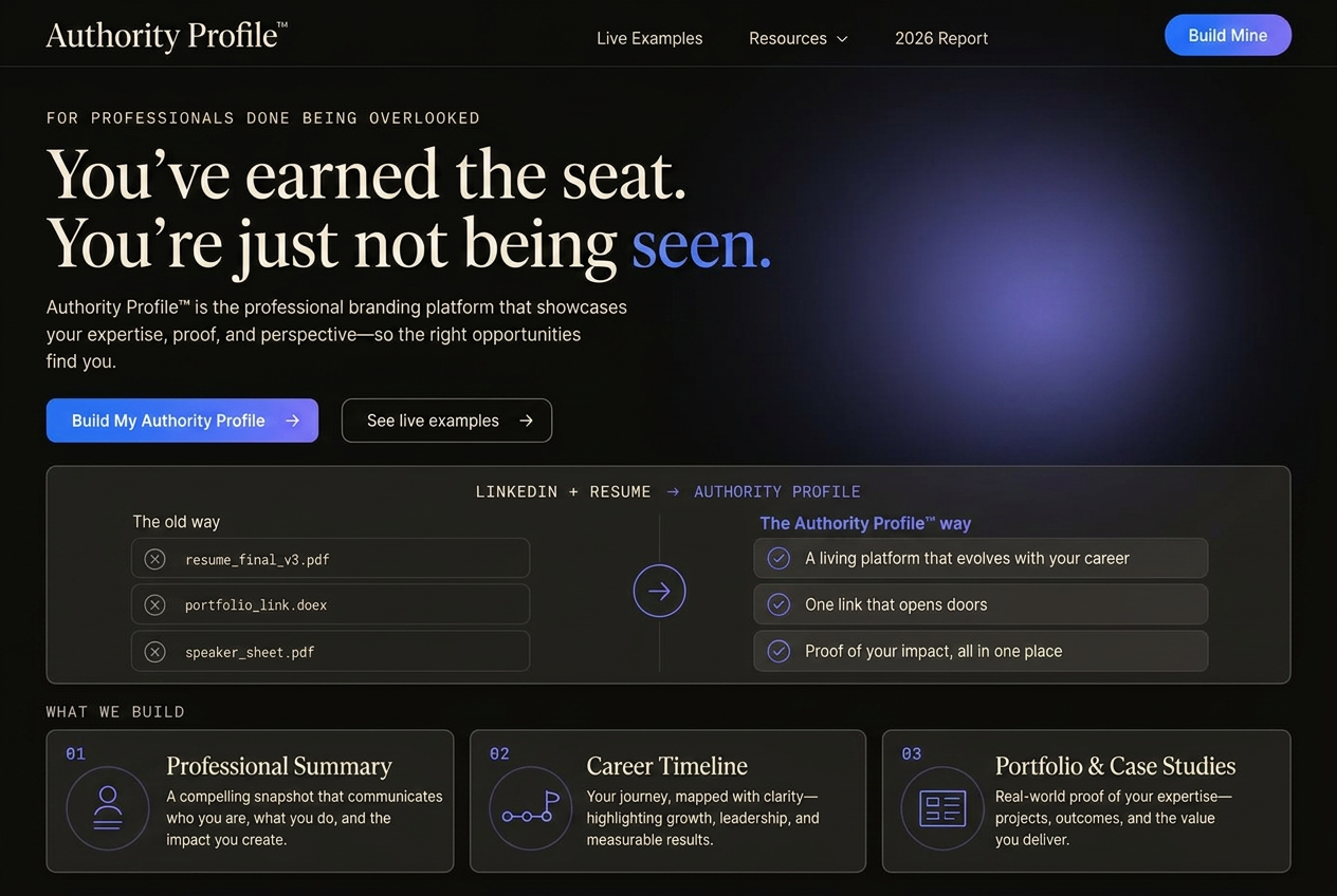 Interface mockup of Authority Profile™ shown in a desktop browser frame