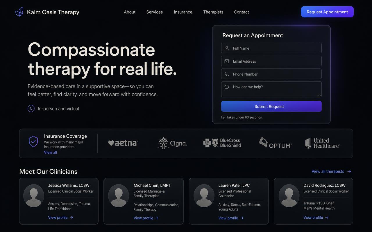 Interface mockup of Kalm Oasis Therapy shown in a desktop browser frame